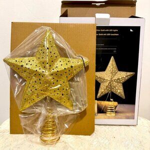 BNIB Gold Glitter Star Christmas Tree Topper LED lights Battery Operated